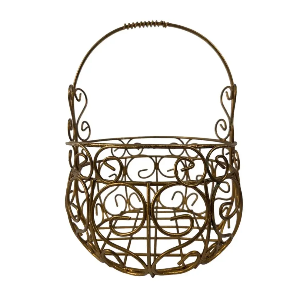 Brass Wire Basket Planter Ornate Scrollwork Decorative Basket W Handle, Vintage